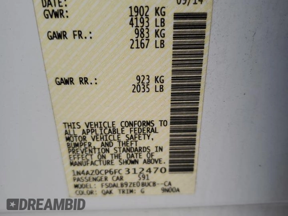 2015 Nissan LEAF SL with VIN 1N4AZ0CP6FC312470, listed as a Copart auction lot 45994925 with Not provided miles and Non repairable. Bid and sale history available at DreamBid. Image 13.