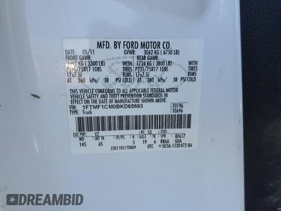 2011 Ford F-150 XL с VIN 1FTMF1CM0BKD65693, выставлен на аукционе Copart как лот 42310415 с пробегом 163 330 миль миль и Списание • Salvage title. История ставок и продаж доступна на DreamBid. Изображение 12.