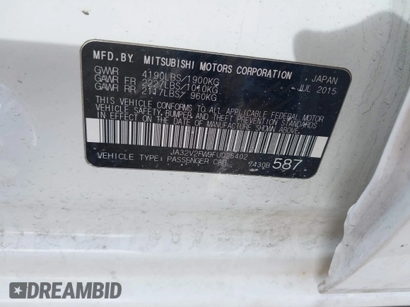 2015 Mitsubishi Lancer SE with VIN JA32V2FW9FU025402, listed as a IAAI auction lot 41646407 with 67,201 mi miles. Bid and sale history available at carsss.com. Image 9.
