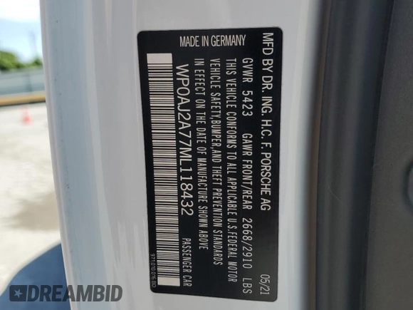 2021 Porsche Panamera с VIN WP0AJ2A77ML118432, выставлен на аукционе Copart как лот 58074245 с пробегом 30 162 миль миль и Списание • Salvage title. История ставок и продаж доступна на DreamBid. Изображение 12.