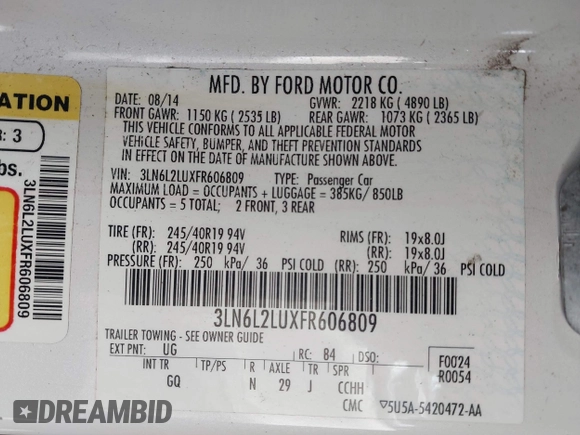 2015 Lincoln MKZ Hybrid with VIN 3LN6L2LUXFR606809, listed as a IAAI auction lot 41976918 with 169,999 mi miles and . Bid and sale history available at DreamBid. Image 9.