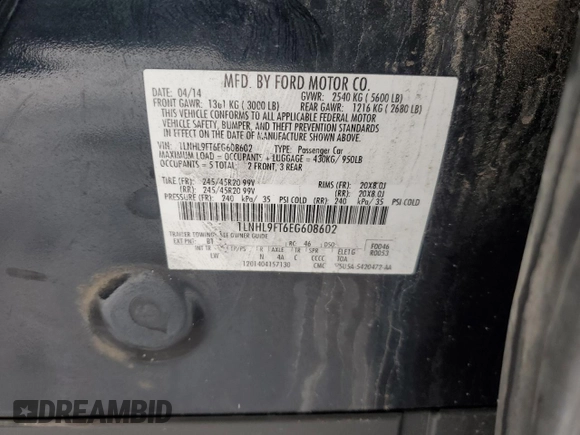 2014 Lincoln MKS EcoBoost with VIN 1LNHL9FT6EG608602, listed as a Copart auction lot 87018254 with 124,329 mi miles and Clean title. Bid and sale history available at DreamBid. Image 12.