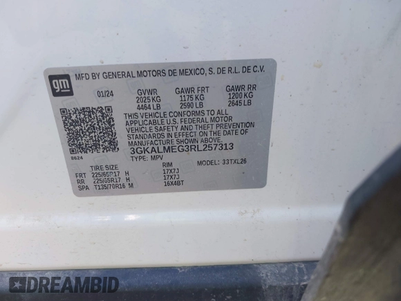 2024 GMC Terrain SLE z VIN 3GKALMEG3RL257313, wystawiony jako IAAI lot #42287772 z przebiegiem 34 062 mil mil oraz . Historia ofert i sprzedaży dostępna na DreamBid. Obrazek 9.
