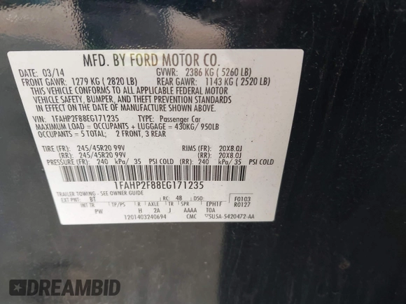 2014 Ford Taurus Limited with VIN 1FAHP2F88EG171235, listed as a IAAI auction lot 42402720 with 79,951 mi miles and . Bid and sale history available at DreamBid. Image 9.