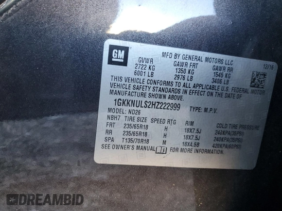 2017 GMC Acadia SLT z VIN 1GKKNULS2HZ222999, wystawiony jako Copart lot #57232675 z przebiegiem Nie podano mil oraz Nie do naprawy • Non repairable. Historia ofert i sprzedaży dostępna na DreamBid. Obrazek 13.