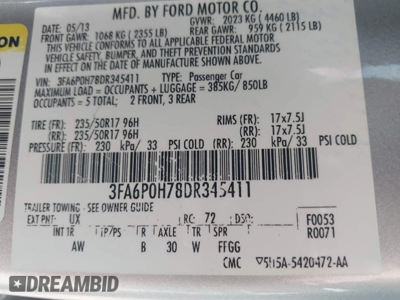 2013 Ford Fusion SE with VIN 3FA6P0H78DR345411, listed as a IAAI auction lot 40340145 with 167,078 mi miles. Bid and sale history available at carsss.com. Image 9.