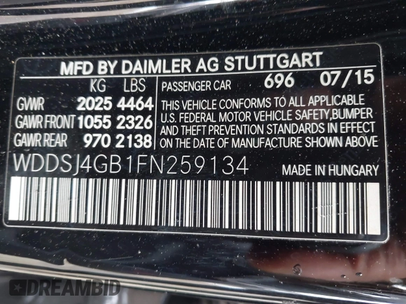 2015 Mercedes-Benz CLA 250 with VIN WDDSJ4GB1FN259134, listed as a IAAI auction lot 42372651 with 114,690 mi miles and . Bid and sale history available at DreamBid. Image 9.
