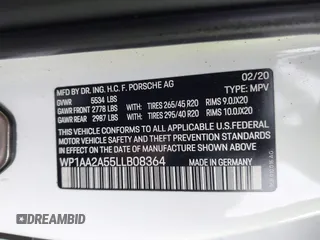 2020 Porsche Macan with VIN WP1AA2A55LLB08364, listed as a IAAI auction lot 41530527 with 91,238 mi miles and . Bid and sale history available at DreamBid. Image 9.