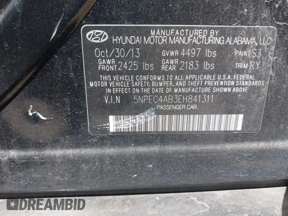 2014 Hyundai Sonata Limited with VIN 5NPEC4AB3EH841311, listed as a IAAI auction lot 42010642 with 148,558 mi miles and . Bid and sale history available at DreamBid. Image 9.