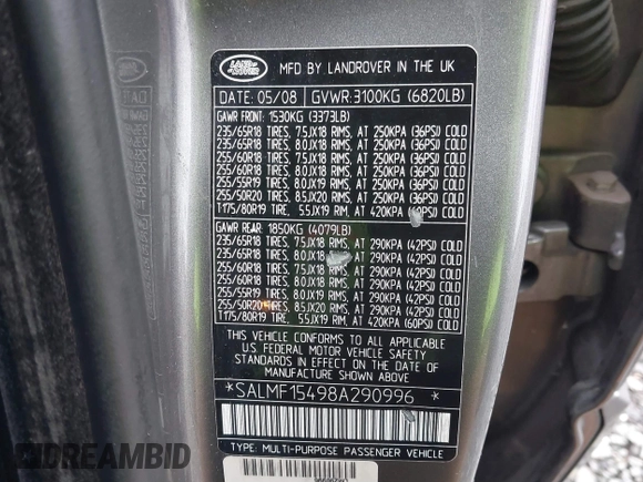2008 Land Rover Range Rover HSE with VIN SALMF15498A290996, listed as a IAAI auction lot 41861750 with 173,560 mi miles and . Bid and sale history available at DreamBid. Image 9.