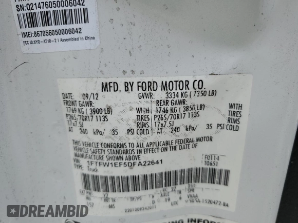 2013 Ford F-150 XL with VIN 1FTFW1EF5DFA22641, listed as a Copart auction lot 42034775 with 227,510 mi miles and Salvage Title. Bid and sale history available at carsss.com. Image 14.