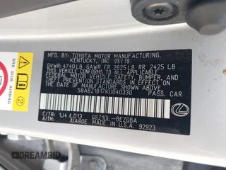 2019 Lexus ES 350 with VIN 58ABZ1B17KU040330, listed as a IAAI auction lot 42448444 with 86,126 mi miles and . Bid and sale history available at DreamBid. Image 9.