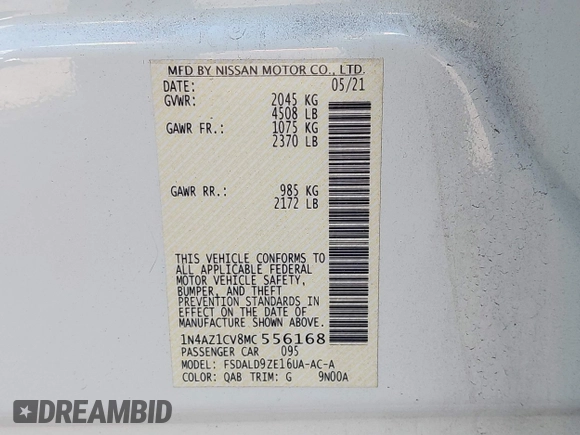 2021 Nissan LEAF SV with VIN 1N4AZ1CV8MC556168, listed as a IAAI auction lot 41758095 with 16,631 mi miles and . Bid and sale history available at DreamBid. Image 9.