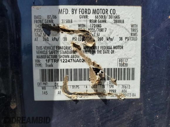2007 Ford F-150 XL with VIN 1FTRF12247NA02924, listed as a Copart auction lot 58203315 with Not provided miles and Clean title. Bid and sale history available at DreamBid. Image 13.