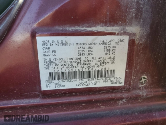 2007 Mitsubishi Galant GTS with VIN 4A3AB56S97E077254, listed as a Copart auction lot 46622325 with 206,331 mi miles and Salvage Title. Bid and sale history available at carsss.com. Image 14.