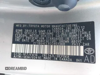 2012 Toyota Corolla L with VIN 2T1BU4EEXCC862368, listed as a IAAI auction lot 41829011 with 195,056 mi miles. Bid and sale history available at carsss.com. Image 9.