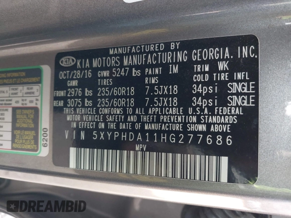 2017 Kia Sorento EX with VIN 5XYPHDA11HG277686, listed as a IAAI auction lot 41790097 with 70,799 mi miles and . Bid and sale history available at carsss.com. Image 9.