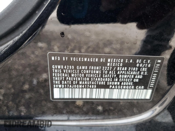 2016 Volkswagen Jetta Sport with VIN 3VWD17AJ0GM417489, listed as a Copart auction lot 62548015 with 94,454 mi miles and Salvage title. Bid and sale history available at DreamBid. Image 14.
