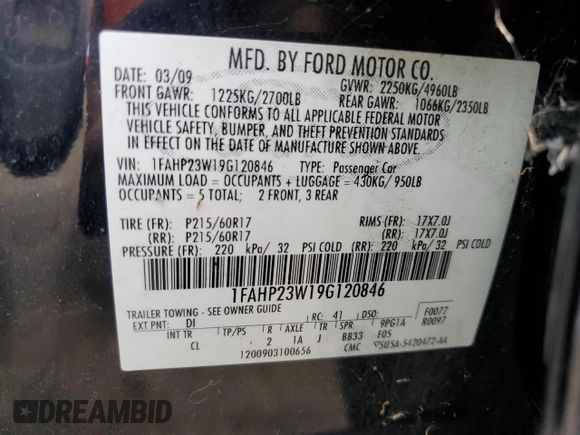 2009 Ford Taurus SE with VIN 1FAHP23W19G120846, listed as a Copart auction lot 75844274 with 159,907 mi miles and Salvage Title. Bid and sale history available at carsss.com. Image 14.