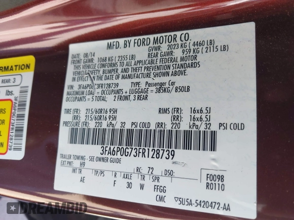 2015 Ford Fusion S with VIN 3FA6P0G73FR128739, listed as a IAAI auction lot 42768738 with 190,287 mi miles and . Bid and sale history available at DreamBid. Image 9.