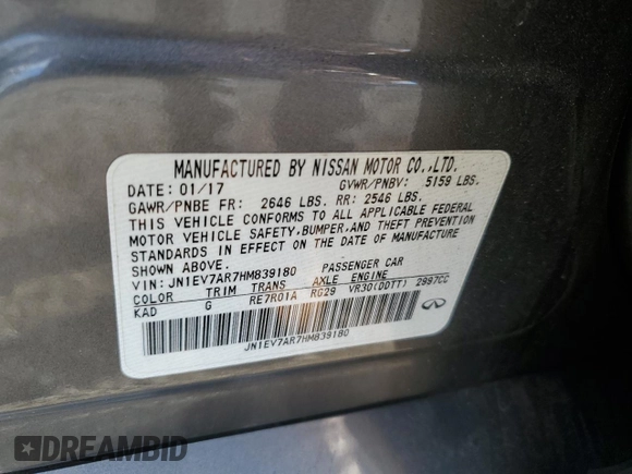 2017 Infiniti Q50 3.0t Signature Edition with VIN JN1EV7AR7HM839180, listed as a Copart auction lot 83185234 with 96,311 mi miles and Salvage Title. Bid and sale history available at carsss.com. Image 14.