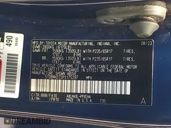 2023 Toyota Sienna LE with VIN 5TDBRKEC5PS175297, listed as a IAAI auction lot 42242777 with 79,123 mi miles and . Bid and sale history available at DreamBid. Image 9.