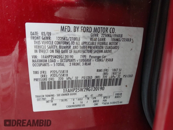 2009 Ford Taurus Limited with VIN 1FAHP25W29G120190, listed as a IAAI auction lot 42344286 with 204,137 mi miles and . Bid and sale history available at DreamBid. Image 9.