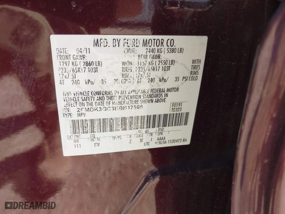 2011 Ford Edge SE with VIN 2FMDK3GC3BBB17596, listed as a IAAI auction lot 42044572 with 189,745 mi miles. Bid and sale history available at carsss.com. Image 9.