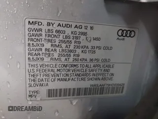 2017 Audi Q7 Premium Plus with VIN WA1LAAF79HD039429, listed as a IAAI auction lot 42194231 with 147,509 mi miles and . Bid and sale history available at DreamBid. Image 9.