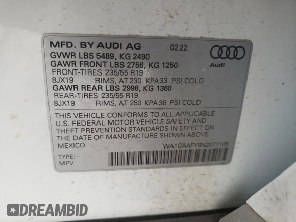2022 Audi Q5 S line Premium with VIN WA1GAAFY9N2071105, listed as a Copart auction lot 73040122 with 21,502 mi miles and . Bid and sale history available at DreamBid. Image 16.