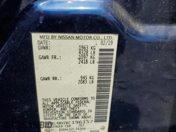 2019 Nissan Altima S z VIN 1N4BL4BV2KC196157, wystawiony jako Copart lot #55042415 z przebiegiem 106 005 mil mil oraz Szkoda całkowita • Salvage title. Historia ofert i sprzedaży dostępna na DreamBid. Obrazek 12.