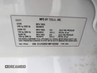 2021 Tesla Model Y Long Range with VIN 5YJYGDEE1MF152256, listed as a IAAI auction lot 42004769 with 35,176 mi miles. Bid and sale history available at carsss.com. Image 9.