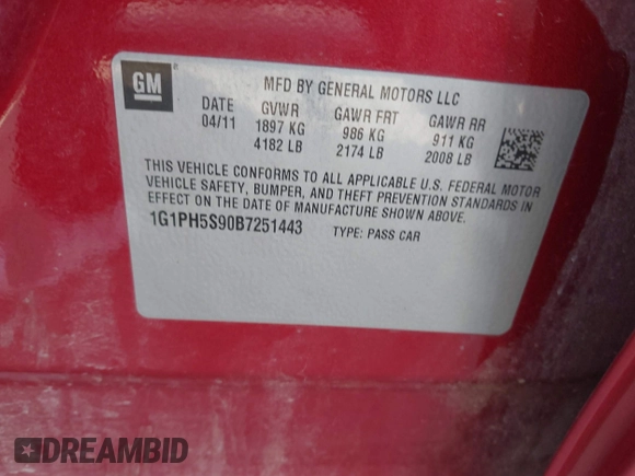 2011 Chevrolet Cruze LTZ with VIN 1G1PH5S90B7251443, listed as a IAAI auction lot 42033371 with 122,445 mi miles and . Bid and sale history available at DreamBid. Image 9.