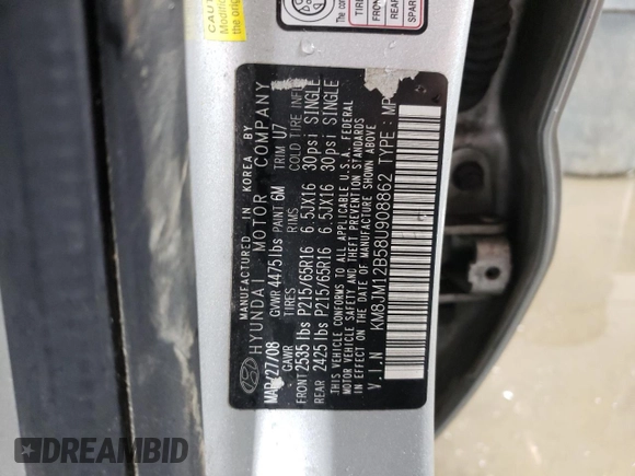 2008 Hyundai Tucson GLS with VIN KM8JM12B58U908862, listed as a Copart auction lot 76989094 with 193,033 mi miles and Salvage Title. Bid and sale history available at carsss.com. Image 12.