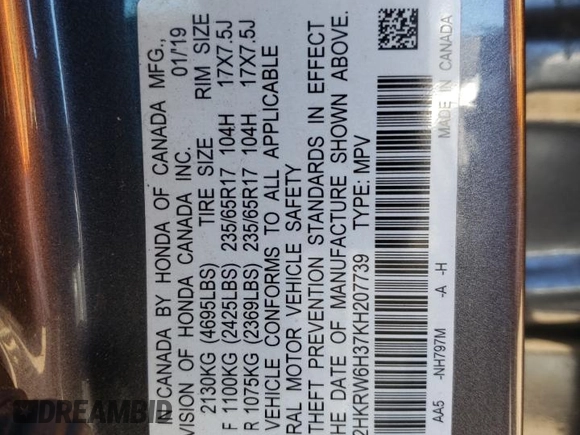 2019 Honda CR-V LX with VIN 2HKRW6H37KH207739, listed as a Copart auction lot 41003683 with 40,031 mi miles and . Bid and sale history available at DreamBid. Image 13.