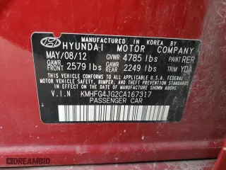 2012 Hyundai Azera with VIN KMHFG4JG2CA167317, listed as a Copart auction lot 74265294 with 135,108 mi miles and Clean Title. Bid and sale history available at carsss.com. Image 12.