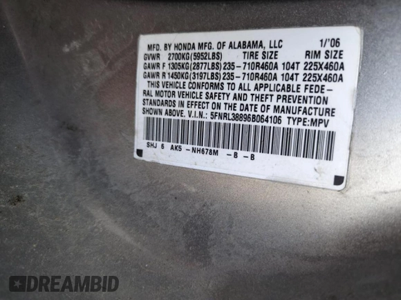2006 Honda Odyssey TOURING with VIN 5FNRL38896B064106, listed as a Copart auction lot 51856175 with 224,926 mi miles and Salvage Title. Bid and sale history available at carsss.com. Image 15.