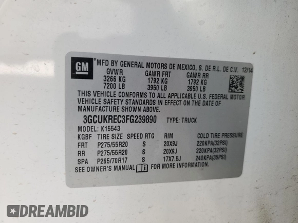 2015 Chevrolet Silverado 1500 LT with VIN 3GCUKREC3FG239890, listed as a Copart auction lot 85678074 with 187,728 mi miles and Salvage Title. Bid and sale history available at DreamBid. Image 12.