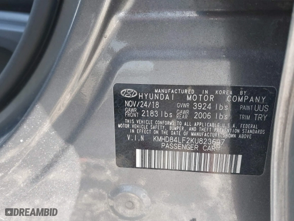 2019 Hyundai Elantra SEL with VIN KMHD84LF2KU823697, listed as a IAAI auction lot 41703684 with 94,852 mi miles. Bid and sale history available at carsss.com. Image 9.