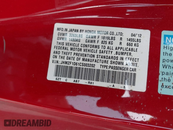 2012 Honda CR-Z EX with VIN JHMZF1D61CS003202, listed as a IAAI auction lot 41662413 with 158,721 mi miles. Bid and sale history available at carsss.com. Image 9.