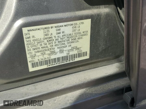 2006 Nissan Maxima 3.5 SL with VIN 1N4BA41E06C828764, listed as a Copart auction lot 44367465 with 0 mi miles and Salvage Title. Bid and sale history available at carsss.com. Image 12.