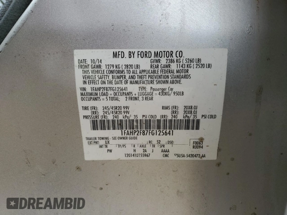 2015 Ford Taurus Limited with VIN 1FAHP2F87FG125641, listed as a Copart auction lot 53836965 with 171,246 mi miles and Salvage Title. Bid and sale history available at DreamBid. Image 13.
