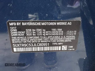 2018 BMW X3 xDrive30i with VIN 5UXTR9C53JLC80951, listed as a IAAI auction lot 41923309 with 98,057 mi miles and . Bid and sale history available at DreamBid. Image 9.