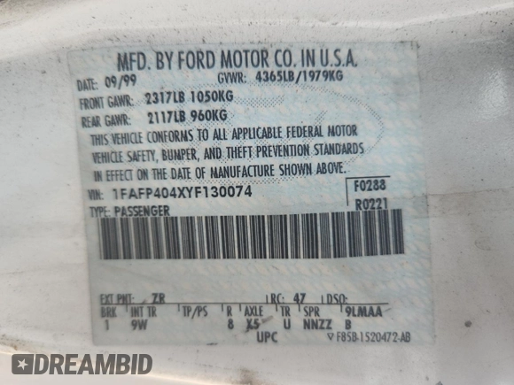 2000 Ford Mustang with VIN 1FAFP404XYF130074, listed as a Copart auction lot 60874945 with 233,035 mi miles and Non repairable. Bid and sale history available at DreamBid. Image 12.