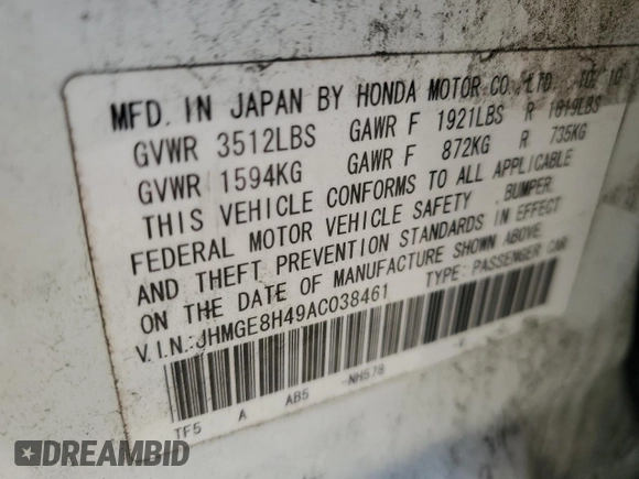 2010 Honda Fit Sport with VIN JHMGE8H49AC038461, listed as a Copart auction lot 54330355 with 133,428 mi miles and Salvage title. Bid and sale history available at DreamBid. Image 12.