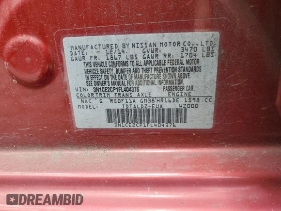 2015 Nissan Note S Plus with VIN 3N1CE2CP1FL404376, listed as a Copart auction lot 61541295 with 129,657 mi miles and Clean title. Bid and sale history available at DreamBid. Image 12.