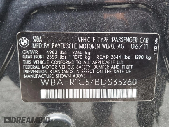 2011 BMW 5 Series 528i with VIN WBAFR1C57BDS35260, listed as a Copart auction lot 52989735 with 194,734 mi miles and Salvage Title. Bid and sale history available at carsss.com. Image 12.