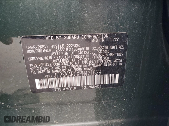 2023 Subaru Forester Touring with VIN JF2SKARCXPH421629, listed as a Copart auction lot 57392635 with 17,157 mi miles and Salvage title. Bid and sale history available at DreamBid. Image 13.