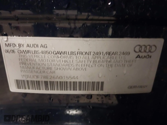 2006 Audi A4 2.0T with VIN WAUDF78E26A015544, listed as a IAAI auction lot 41573089 with 114,924 mi miles and . Bid and sale history available at DreamBid. Image 9.