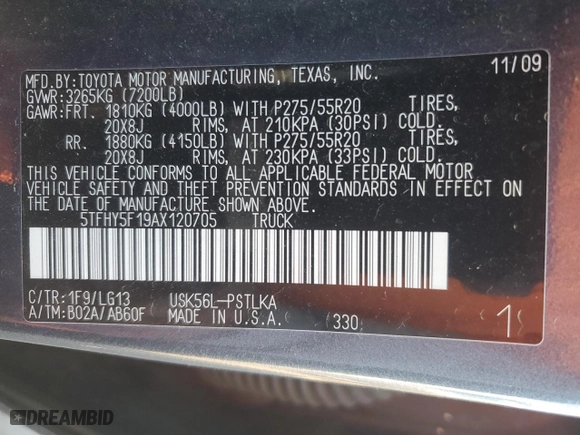 2010 Toyota Tundra 4WD Truck LTD with VIN 5TFHY5F19AX120705, listed as a Copart auction lot 81322304 with 265,114 mi miles and Salvage Title. Bid and sale history available at carsss.com. Image 14.